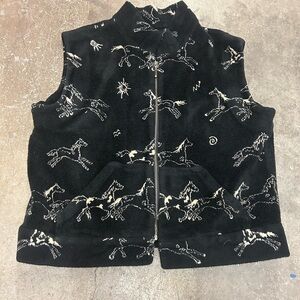 Black horses fleece vest celestial  with Horse Pattern western cowboy